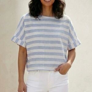 Zara Blue White Striped Linen Blend Short Sleeve Boxy Crop Top Womens Size L